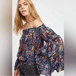 Free People Free Spirit Off The Shoulder Boho Floral Print Top XS